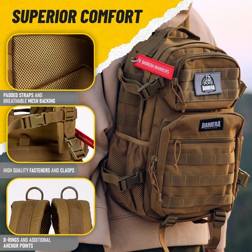 BARRERA warriors -Tactical Backpack 25l -Durable Backpack- Army bag- Tactical gear- Military backpack for men- MOLLE Assault Rucksack with Bottle Holder, Water-Resistant Daypack. (COYOTE BROWN 25L)