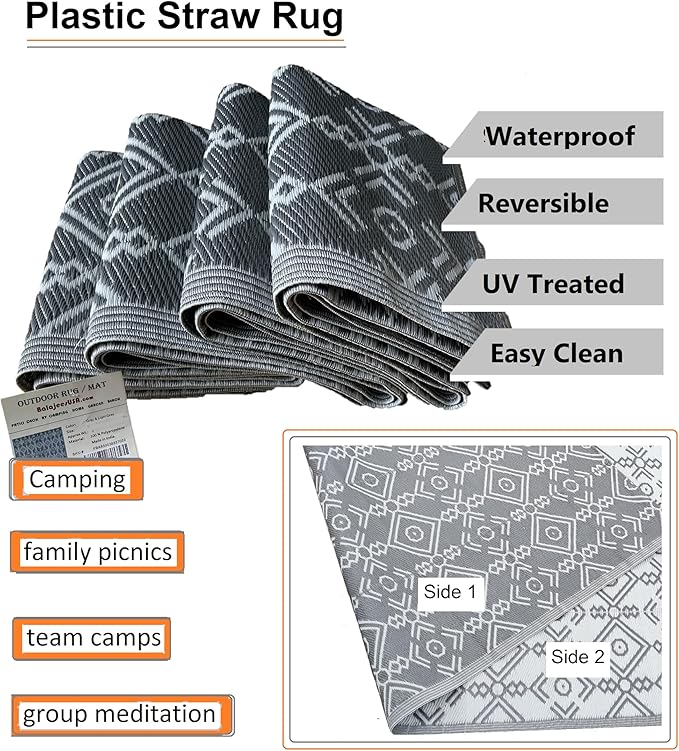 BalajeesUSA Outdoor Rug - 5x7 Grey Reversible Recycled Plastic Straw Patio Decor Waterproof Large RV Camper mat Camping 7032