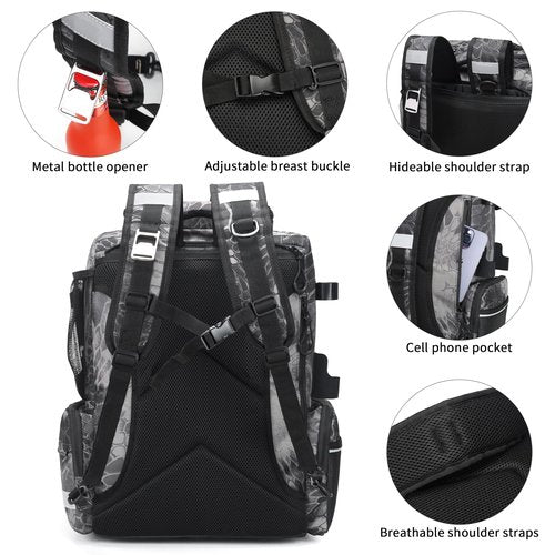 Rabjen Fishing Tackle Backpack, 45L Storage Waterproof Travel Bag Store Fishing Gear with Insulated Top Pocket
