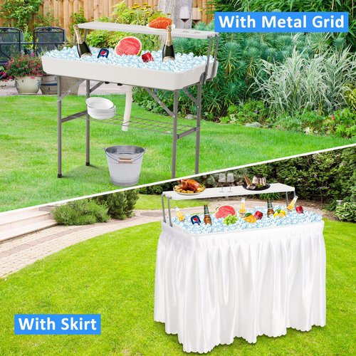 Dragosum Outdoor Ice Cooler Table with Drain and Shelf, Folding Table with Matching Skirt, Portable Table Coolers 4 Foot for Party BBQ Camping Wedding