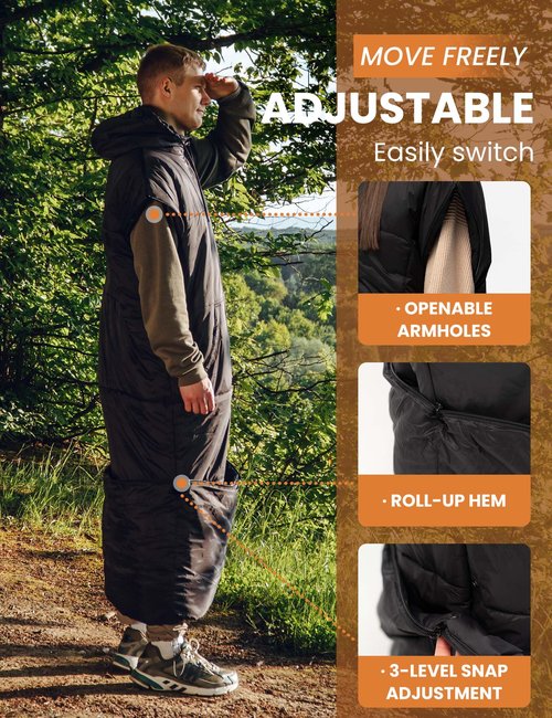 Relexit Adult Wearable Sleeping Bag with Hoodie, Sleeveless Design Adjustable Drawstring Waterproof Wearable Sleeping Bag Ideal for Camping, Cold Weather Black