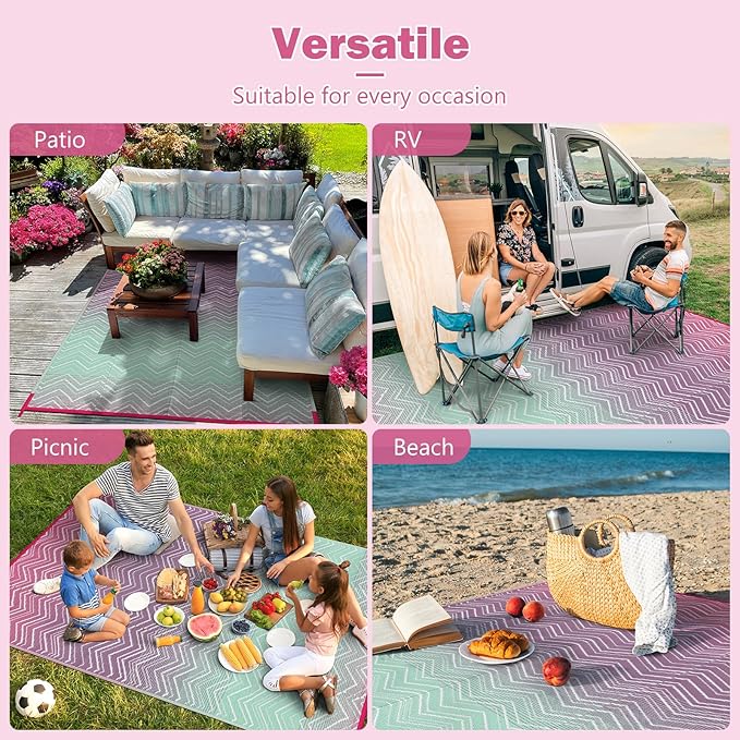 Lahome Outdoor Plastic Straw Rug, Reversible Outdoor Rug Waterproof 6x9 Patio Rugs, Camping Rugs for RV Backyard Deck Porch Picnic Beach Trailer (Pink/Green, 6' x 9')