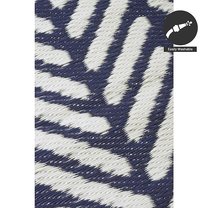 FH Home Outdoor Rug - Waterproof, Fade Resistant, Reversible - Premium Recycled Plastic - Herringbone - Patio, Porch, Deck, Balcony - Fresno - Navy Crease Free - 5 x 8 ft