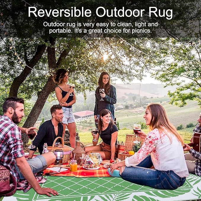 Ileading Outdoor Rug Carpet for Patio 5' x7' Waterproof Reversible Plastic Straw Rug Portable Outside Area Rug Camping Mat for Patio, Clearance, Balcony, Picnic, Pool, Beach, RV, Deck, Leaf Green