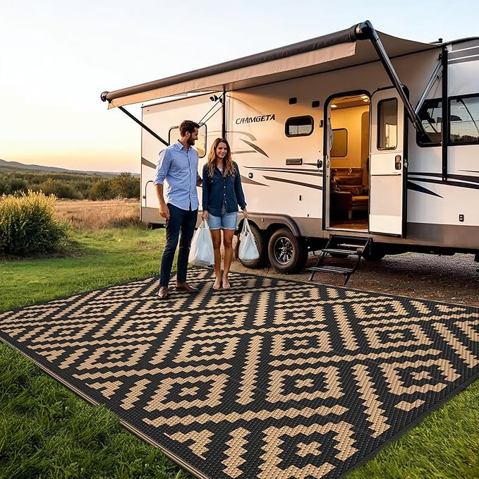 Outdoor Rug for Patio - Waterproof Plastic Straw Camping Rugs 6x9 ft, Reversible Outdoor Indoor RV Mat Carpet for Patio, Porch, Deck, Balcony, Picnic, Beach, Black Brown