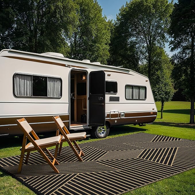 GENIMO Outdoor Rug 9'x12' for Patio Waterproof Clearance, Reversible Outdoor Plastic Straw Rug, Lightweight Carpet Camping Mat for Rv, Camper, Picnic, Balcony, Backyard, Deck, Porch, Black & Brown