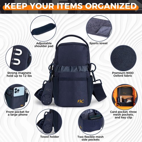 M2C® PREMIUM Magnetic Gym Bag – Gym Pouch with Water Bottle Holder, Cup & Wallet Pocket, Phone Storage, Key Clip, Adjustable Sling Strap – Ideal for Sports, Work & Travel