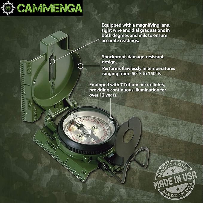 Cammenga Official US Military Tritium Lensatic Compass, Accurate Waterproof Hand Held Compasses with Pouch for Hiking Camping Navigation Survival Backpacking Orienteering