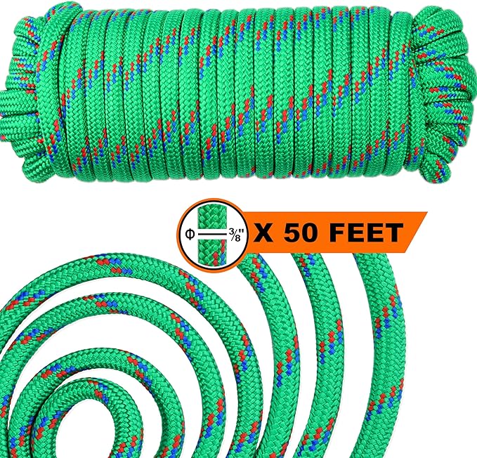Wellmax Diamond Braid Nylon Rope - 3/8 Inch by 50 Feet Green Color - Extra Strength, Sunlight and Weather Resistant - Heavy Duty Construction