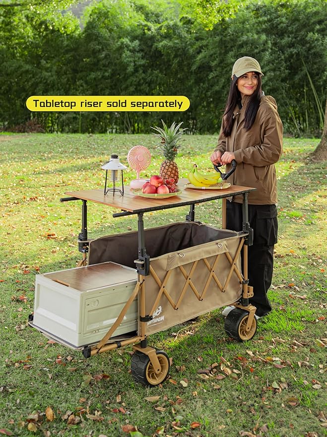 Whitsunday Collapsible Folding Wagon with Table,Heavy Duty Utility Beach Wagons with Opened Tailgate and All-Terrain Wheels for Camping,Garden,Sports Khaki