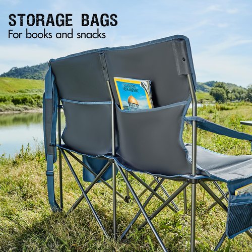 PORTAL Double Camping Chairs for Adults Heavy Duty, Camping Couch 2 Person Outdoor Loveseat Lawn Chairs, Camping Loveseat, Portable Chair with Cup Holder, Camp Chair Supports 600LBS, Blue/Grey