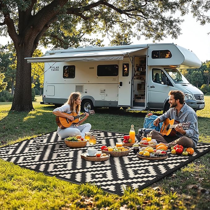 Outdoor Rug for Patio - Waterproof Plastic Straw Camping Rugs 6x9 ft, Reversible Outdoor Indoor RV Mat Carpet for Patio, Porch, Deck, Balcony, Picnic, Beach, Black Beige