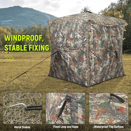 Rhino Valley Hunting Blind 360° See Through, 2-3 Person Pop Up Ground Blinds with Carrying Bag, Portable Resilient Hunting Tent with Silent Magnetic Door & Sliding Windows for Deer Turkey