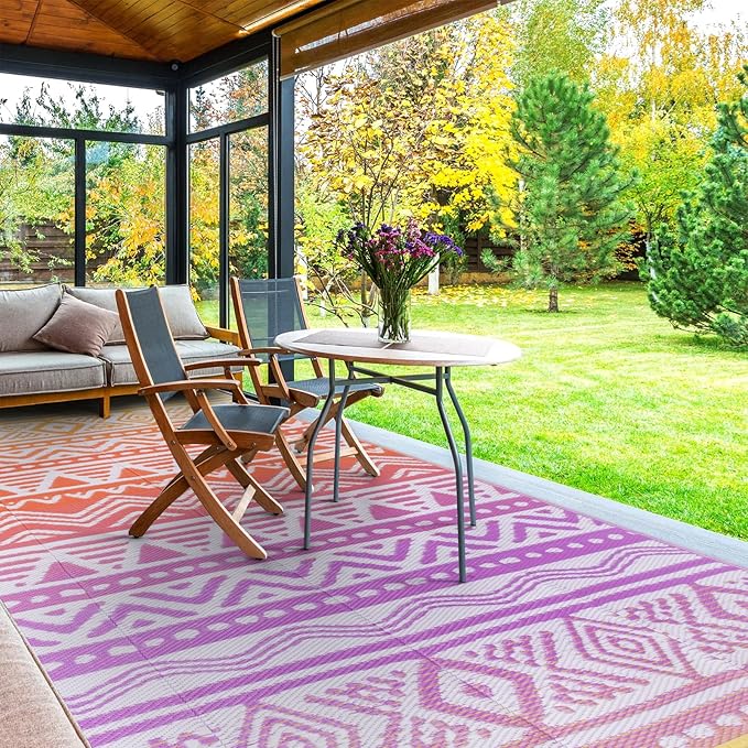 Lahome Outdoor Rug Waterproof, 6x9 Reversible Outdoor Plastic Straw Rug for Camping, RV Patio Rugs Large Carpet for Porch Deck Backyard Balcony Picnic(Orange/Purple,6'x 9')