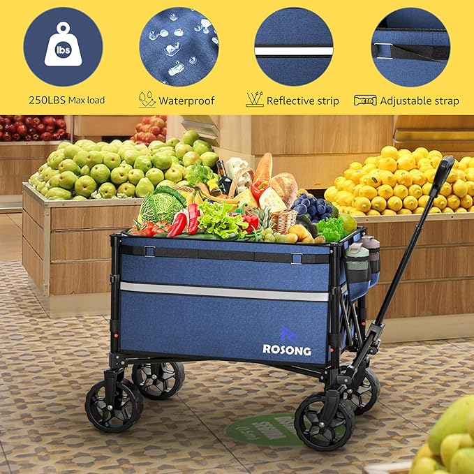 Collapsible Wagon Cart with Wheels Foldable - Folding Utility Heavy Duty Wagons Carts for Grocery Sports Garden Shopping Camping Wheelbarrows,Navy Blue