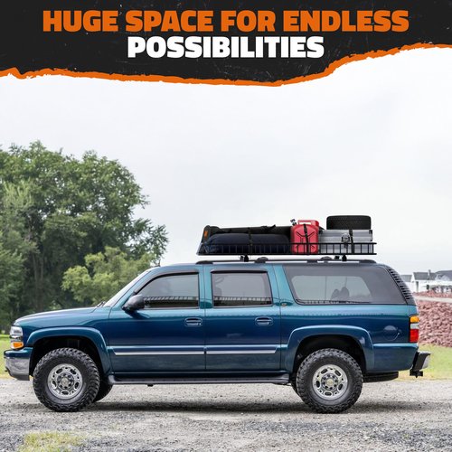 Mockins 90"x50"x6" XXL Heavy Duty Roof Rack Cargo Carrier for Top of Vehicle Storage | 250 Lbs. Cap Steel Car Roof Basket w/Straps | Weatherproof Rooftop Cargo Basket for SUV, RV, & Large Vehicles