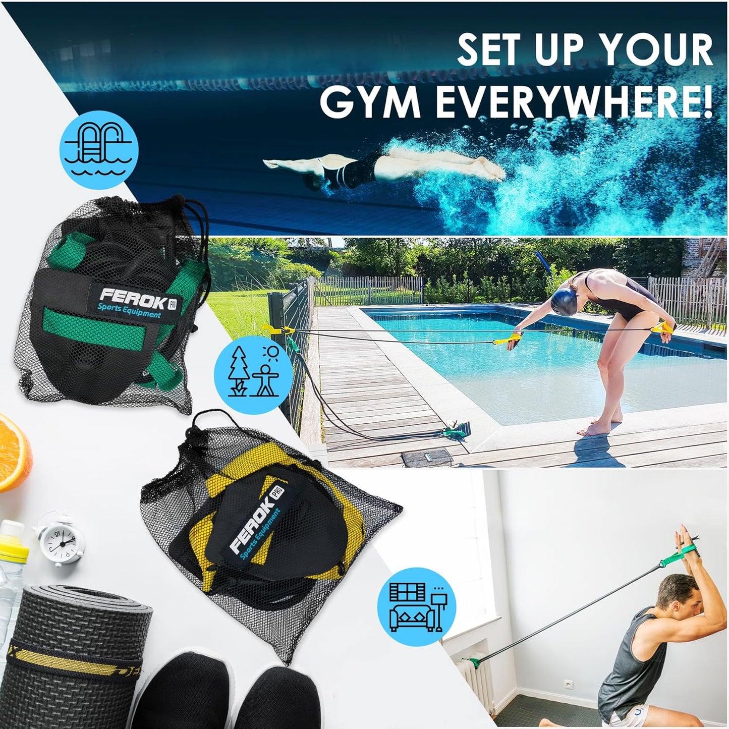 Swimming Resistance Band with Hand Paddles, Stretch Cord, Fitness Bands for Swimming, Training Equipment, Arm Strength Exercise, Powercord - Including Exercises - Medium Green