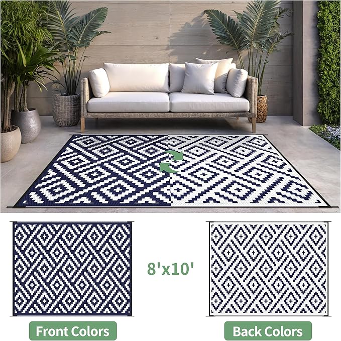 Outdoor Rug for Patio - Waterproof Plastic Straw Camping Rugs 8x10 ft, Reversible Outdoor Indoor RV Mat Carpet for Patio, Porch, Deck, Balcony, Picnic, Beach, Blue White