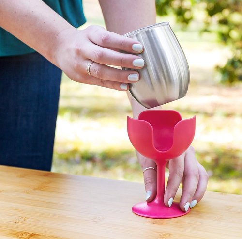 Camco Life is Better at The Campsite 8 oz Wine Tumbler 2 Pack - Heavy Duty Double Wall Vacuum Insulation - Crafted of 18/8 Stainless Steel - Features Removable Blue & Pink Stems (51915)
