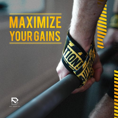 BAY GEAR CO. Wrist Straps for Weightlifting - 1 Pair Cotton Lifting Straps with Neoprene Padding, Comfortable Gym Essentials for Enhanced Grip Strength - Unique Printed Caution Design