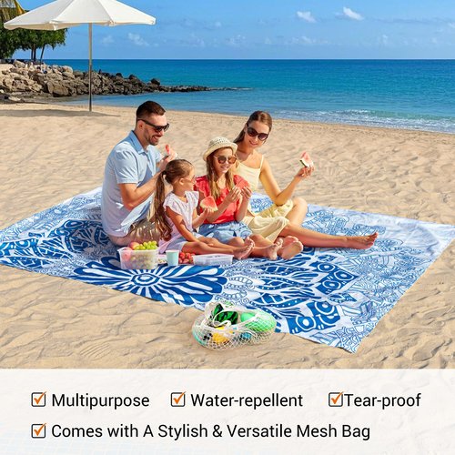 Zingtto Silky Soft 108"x84" Sand Proof Beach Blanket Sand Proof Mat with Corner Pockets and Fashion Mesh Bag for Beach Party, Travel, Camping and Outdoor Music Festival, Boho Blue Mandala