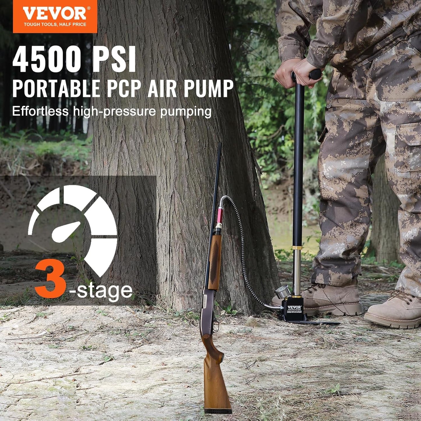 VEVOR High Pressure Hand Pump 3 Stage Airgun PCP Filling Stirrup Pump (30MPA), Black