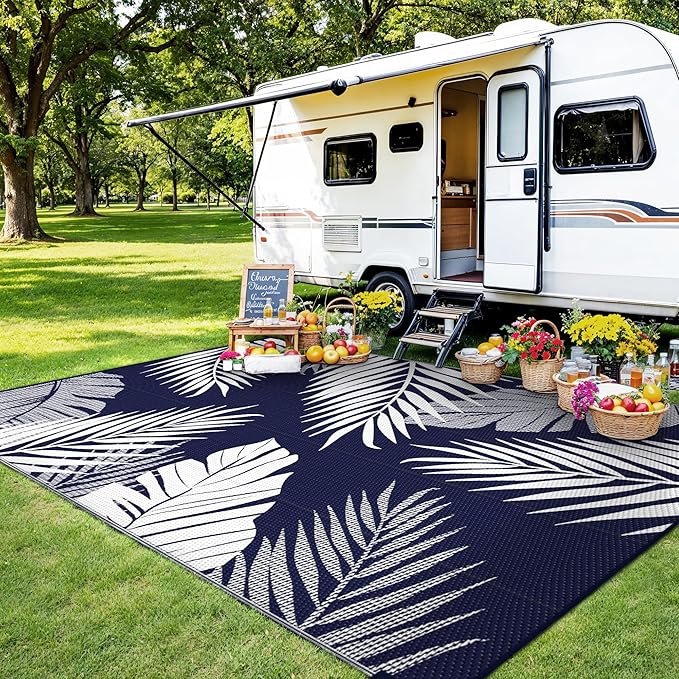 Outdoor Rug 6' x 9' for Patio Waterproof Clearance, Reversible Indoor Outdoor Plastic Straw Camping Rug Carpet, RV Mat, Large Area Rug for Deck, Backyard, Balcony, Porch, Navy Blue and White
