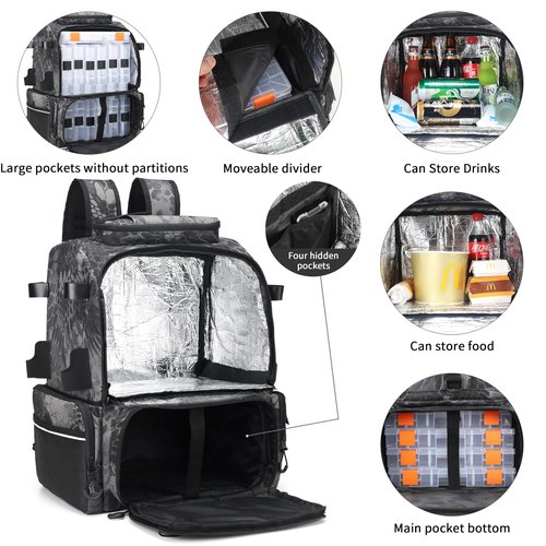 Rabjen Fishing Tackle Backpack, 45L Storage Waterproof Travel Bag Store Fishing Gear with Insulated Top Pocket
