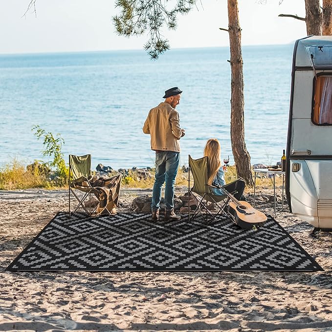 GENIMO Outdoor Rug for Patio Clearance,6'x9' Waterproof Mat,Reversible Plastic Camping Rugs,Rv,Porch,Deck,Camper,Balcony,Backyard,Black & Gray