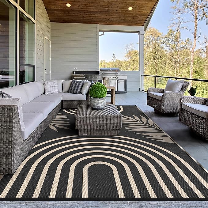 GENIMO Outdoor Rug 5' x 8' Waterproof for Patio Clearance, Reversible Plastic Straw Camping Carpet, Lightweight Rugs Mats for Rv, Backyard, Deck, Porch, Picnic, Balcony, Mix-Black & Brown