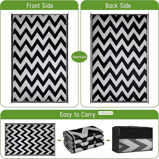 Easy-Going Reversible Outdoor Rugs 6x9ft Waterproof Plastic Straw Rug Stain & UV Resistant Floor Mat for Patio Porch RV Backyard Pool Deck Picnic Beach Trailer Camping (Waved Black & Light Grey)