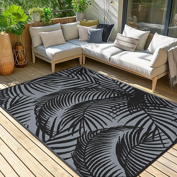 GENIMO Outdoor Rug 5' x 8' Waterproof for Patio Clearance, Reversible Plastic Straw Camping Carpet, Lightweight Mats for Rv, Backyard, Deck, Porch, Picnic, Beach, Balcony, Mix-Black & Gray