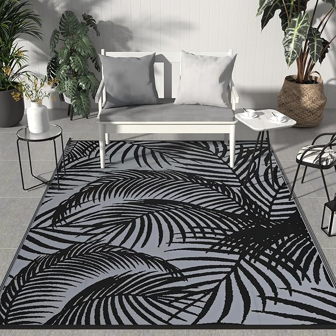 GENIMO Outdoor Rug 9' x 12' Waterproof for Patio Clearance, Reversible Plastic Straw Camping Carpet, Lightweight Mats for Rv, Backyard, Deck, Porch, Picnic, Beach, Balcony, Mix-Black & Gray