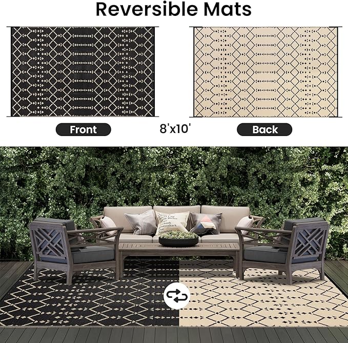 Smiry Outdoor Rug 8x10 ft, Waterproof Reversible Plastic Straw Rugs, Boho Outdoor Area Rug, Outside Floor Mat for Patio, Backyard, Deck, Picnic, Beach, Camping, Beige