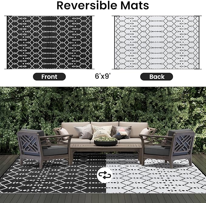 Smiry Outdoor Rug 6x9 ft, Waterproof Reversible Plastic Straw Rugs, Boho Outdoor Area Rug, Outside Floor Mat for Patio, Backyard, Deck, Picnic, Beach, Camping, Black