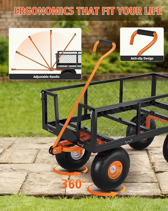 Heavy Duty 500 Lbs Capacity Steel Garden Cart, 3-In-1 Utility Metal Wagon, with Removable Mesh Sides to Convert Into Flatbed, 180° Rotating Handle and 10" Tires