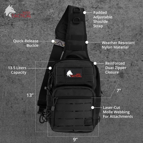 WOLF TACTICAL EDC Sling Bag - Concealed Carry Shoulder Bag for Range, Travel, Hiking, Outdoor Sports (Black)