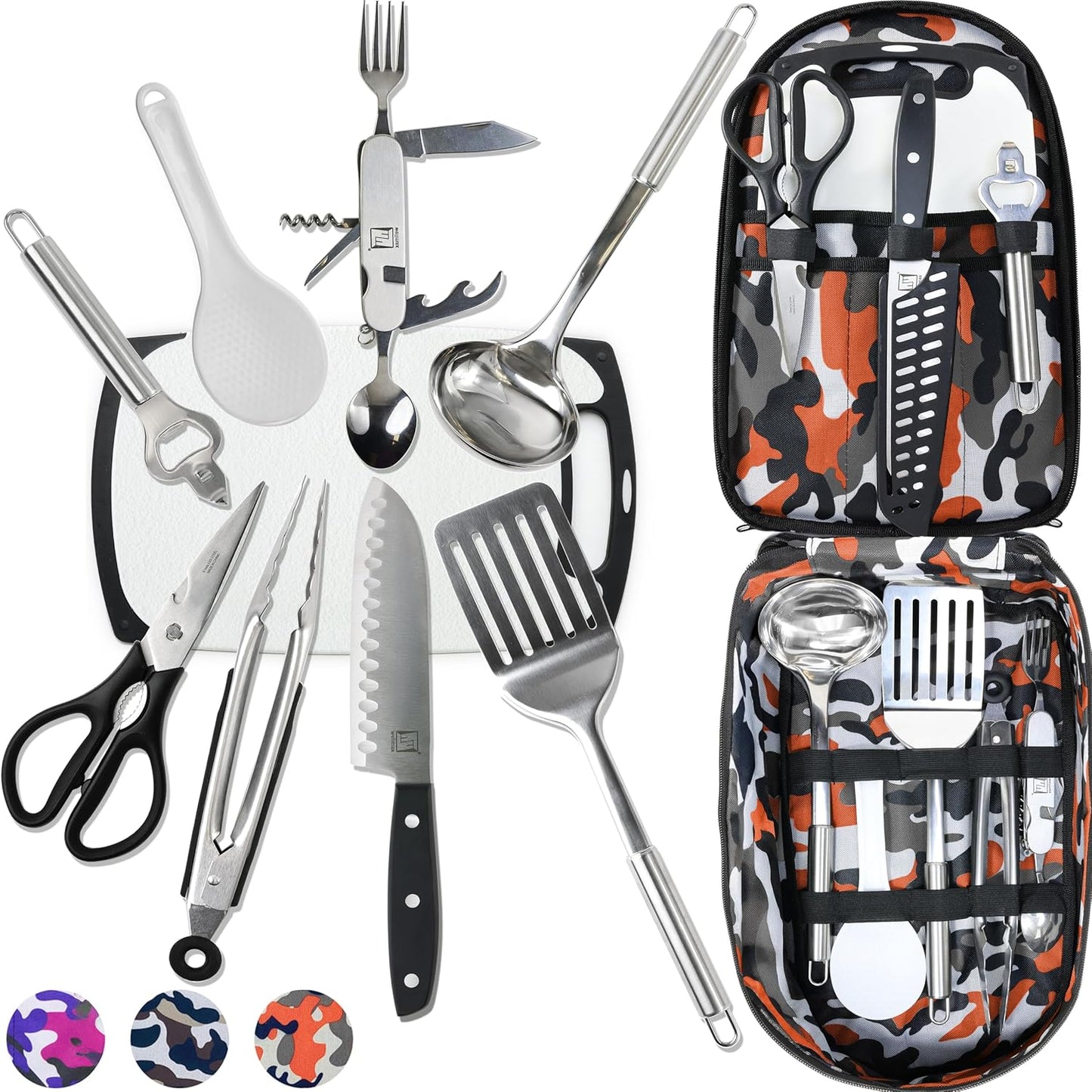 Wellmax 10-Piece Stainless Steel Camping Cooking Set – Compact All-in-One Cookware Kit with Utensils & Travel Bag for Campers, Hikers, Outdoor Adventures, Purple Camo Color