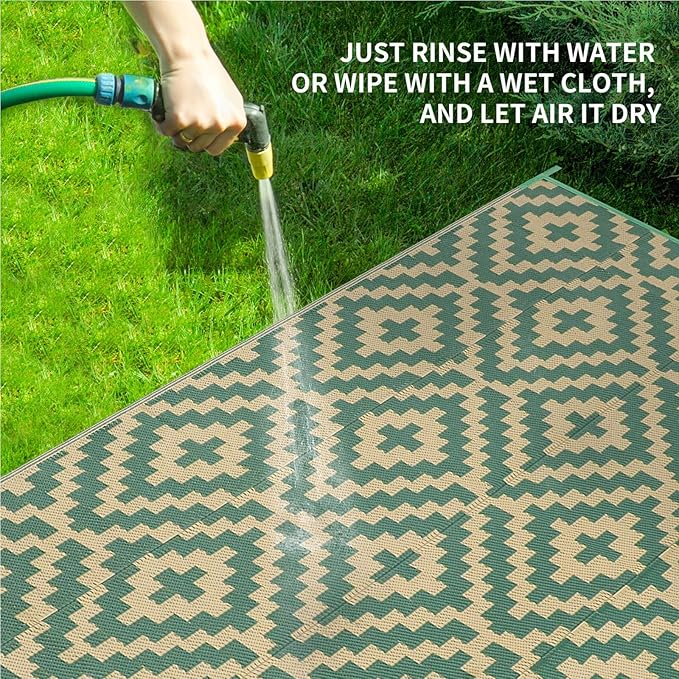 Outdoor Patio Plastic Straw Rug - 8'x10' Outdoor Camping Rug Waterproof Reversible, Area Carpet Patios Clearance RV, Outside Porch Balcony Deck for Camper, Green & Yellow