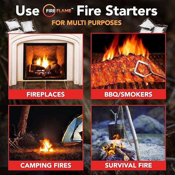 Fireflame Quick Instant Fire Starter - 100% Waterproof All-Purpose Indoor & Outdoor Firestarter, for Charcoal Starter, Campfire, Fireplace, BBQ - Odorless and Non-Toxic - 100 Pouches in Canister