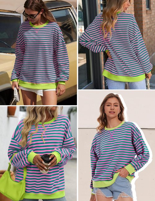 SIALANCI Womens Striped Sweatshirt Colorful Oversized Hoodies Long Sleeve Pullover Crew Neck Rayon Sweater 2024 Winter Pink-green