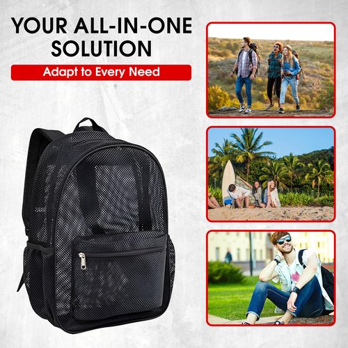 A CENTER Mesh Backpack,See Through Backpack with Padded Shoulder Straps for Work,Travel, Security, Swimming and Beach - Grey/Turquoise/Sweet Coral