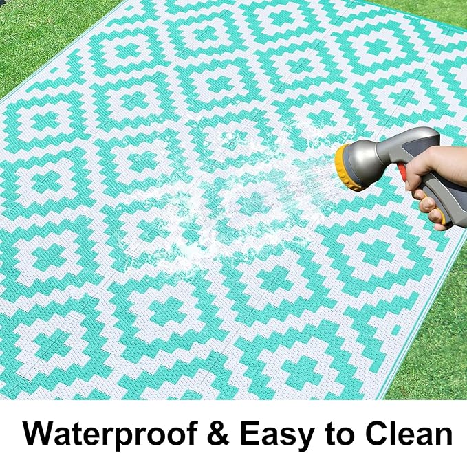 Smiry Waterproof Outdoor Rug 8x10 ft, Reversible Plastic Straw Patio Camping Rugs, Outdoor Indoor RV Mat Carpet for Patio, Outside Entry, Backyard, Deck, Bench, Picnic, Camper, White & Teal