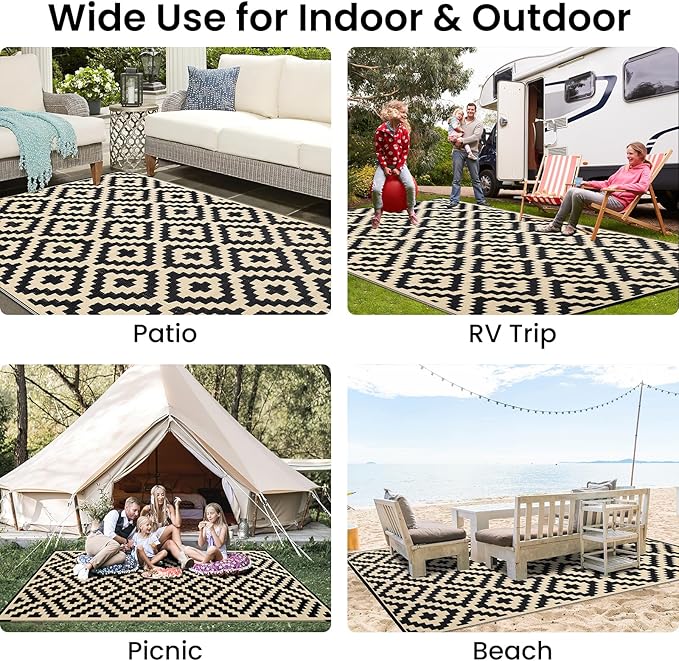 Smiry Waterproof Outdoor Rug 6x9 ft, Reversible Plastic Straw Patio Camping Rugs, Outdoor Indoor RV Mat Carpet for Patio, Outside Entry, Backyard, Deck, Bench, Picnic, Camper, Black & Beige