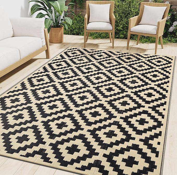 Smiry Waterproof Outdoor Rug 8x10 ft, Reversible Plastic Straw Patio Camping Rugs, Outdoor Indoor RV Mat Carpet for Patio, Outside Entry, Backyard, Deck, Bench, Picnic, Camper, Black & Beige