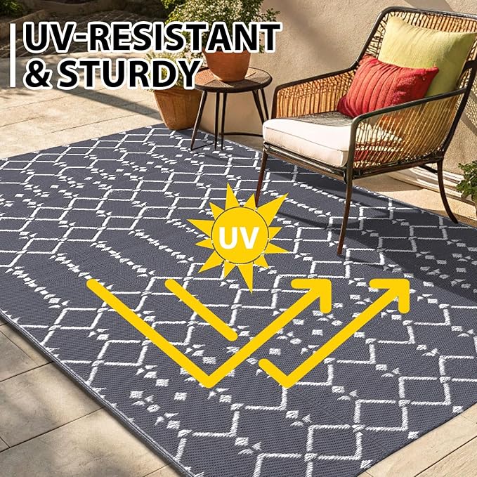 Smiry Outdoor Rug 6x9 ft, Waterproof Reversible Plastic Straw Rugs, Boho Outdoor Area Rug, Outside Floor Mat for Patio, Backyard, Deck, Picnic, Beach, Camping, Grey