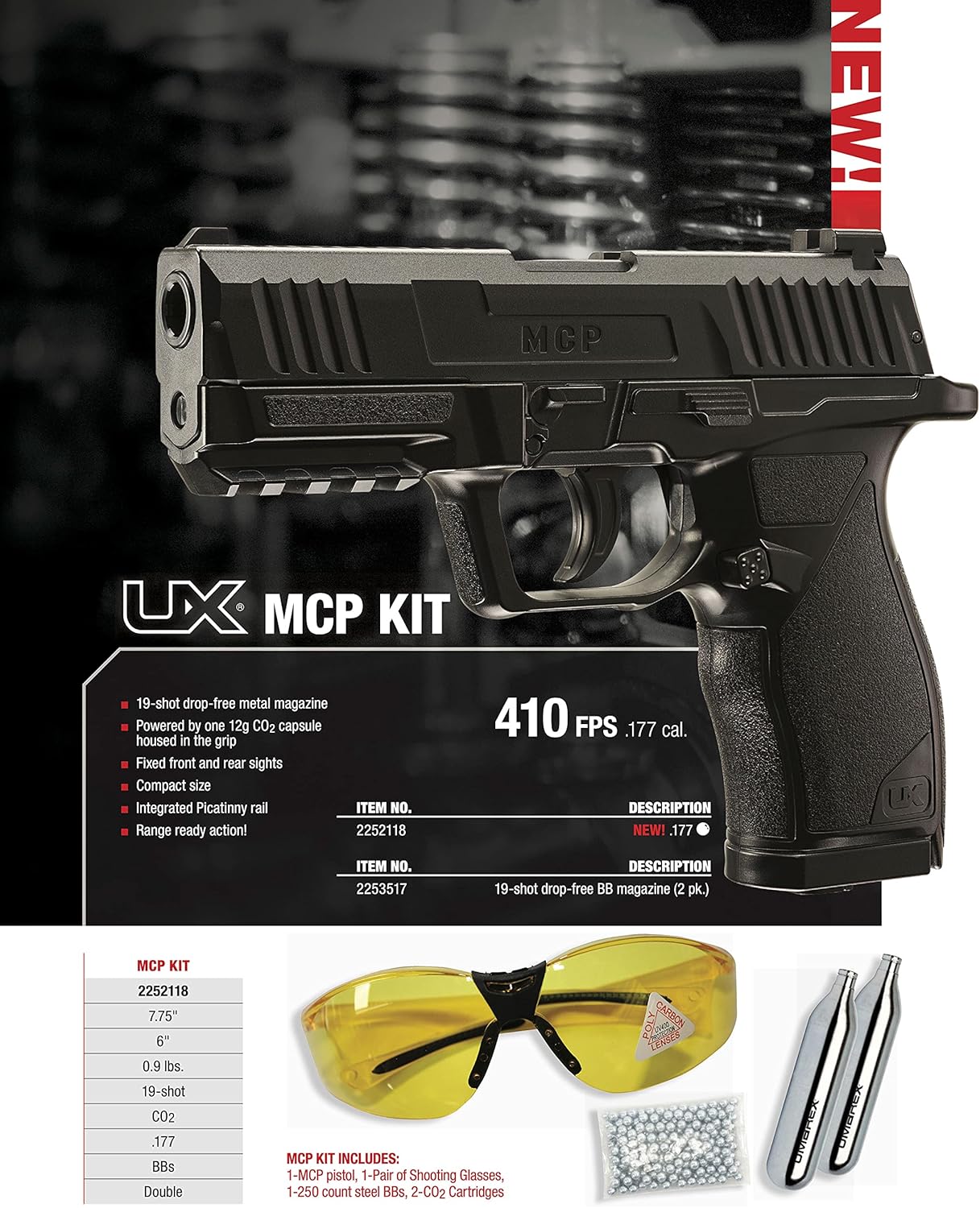 Umarex MCP .177 Caliber BB Gun Air Pistol Kit - Includes BBS, CO2 Cartridges, and Safety Glasses