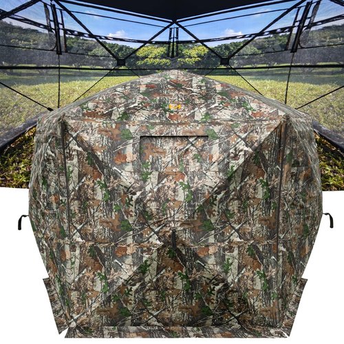 Hunthor Hunting Blind for 3-4 People, 288 Degree 5 Side See-Through Ground Blind with Silent Zipper, Pop-Up Tent for Deer, Elk, and Bear Hunting