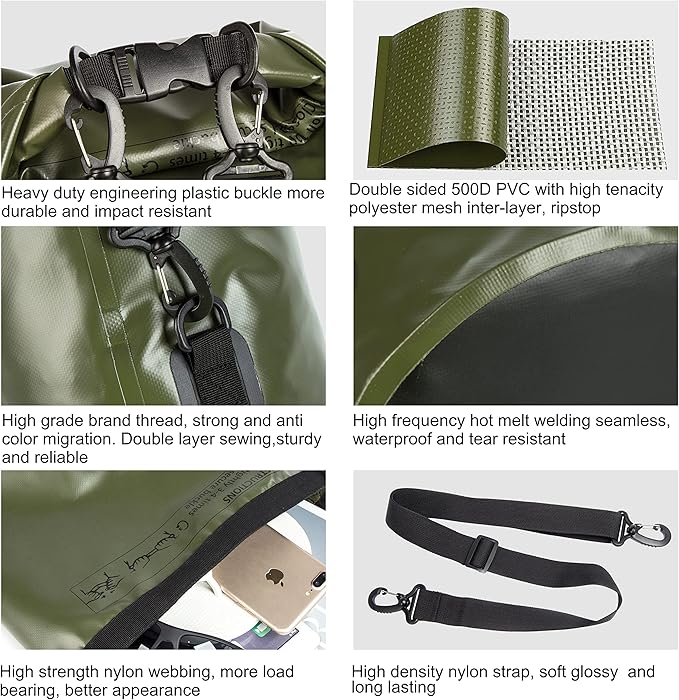 Mountain Land Waterproof Beach Dry Bag 30L Roll Top Backpack Boat Bag Dry Sack for Kayaking Rafting Fishing Hiking Camping Army Green