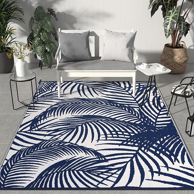 GENIMO Outdoor Rug 6' x 9' Waterproof for Patio Clearance, Reversible Plastic Straw Camping Carpet, Lightweight Mats for Rv, Backyard, Deck, Porch, Picnic, Beach, Balcony, Blue & White
